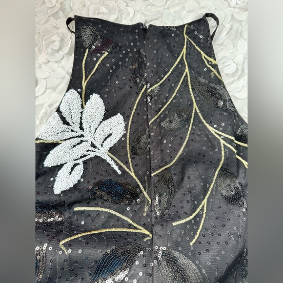 Belle Badgley Mischka Dress Gown 6 Black Embroidered Sequins Leaves Gold Formal - Picture 7 of 12